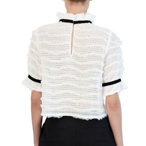 BCBGMaxazria Ruffle Mock Neck Short Sleeve Sheer Lace Blouse Top White Black - L - Picture 4 of 11